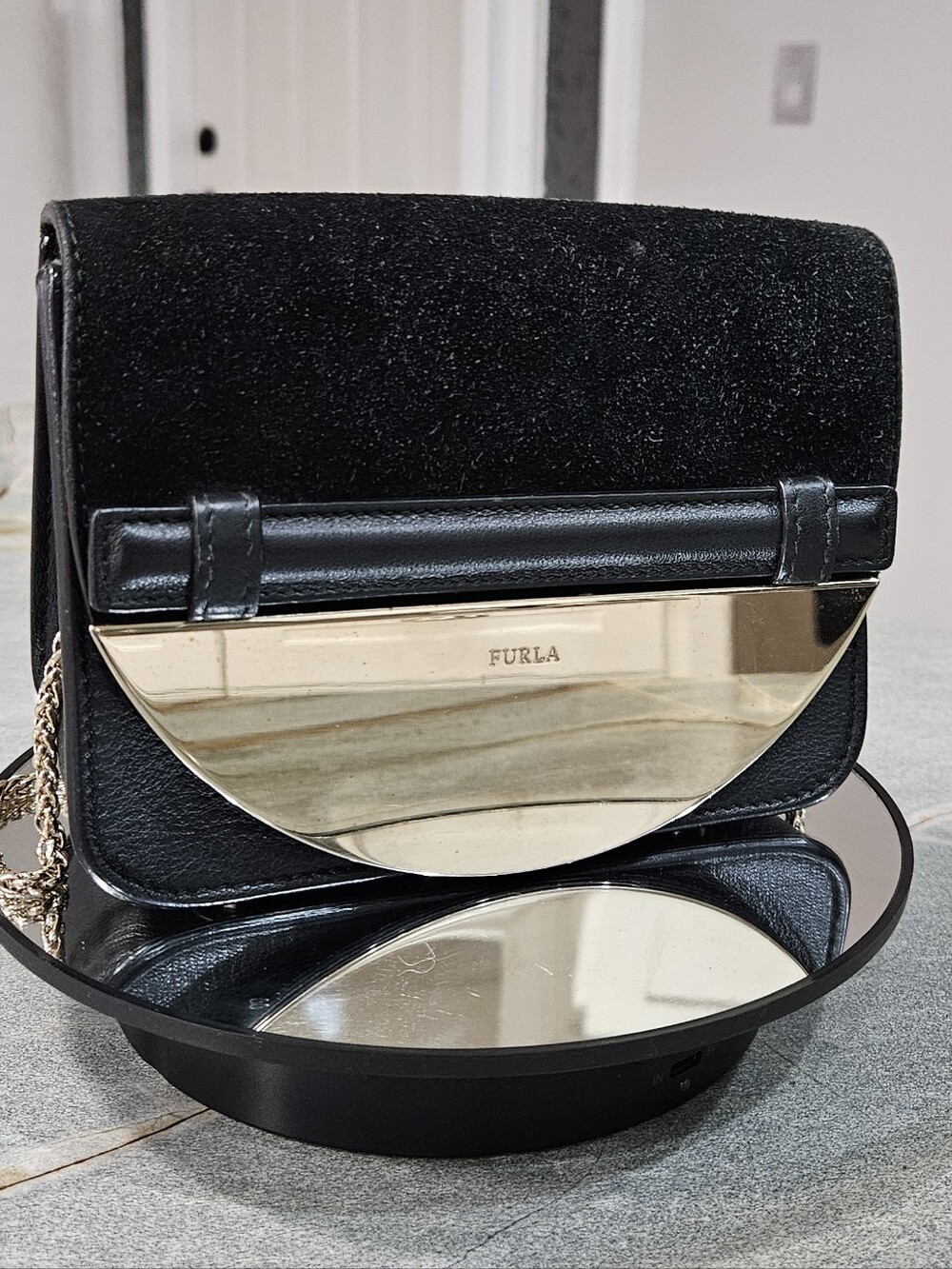 Furla Rare Black Leather Shoulder Bag with Gold Accent Vintage